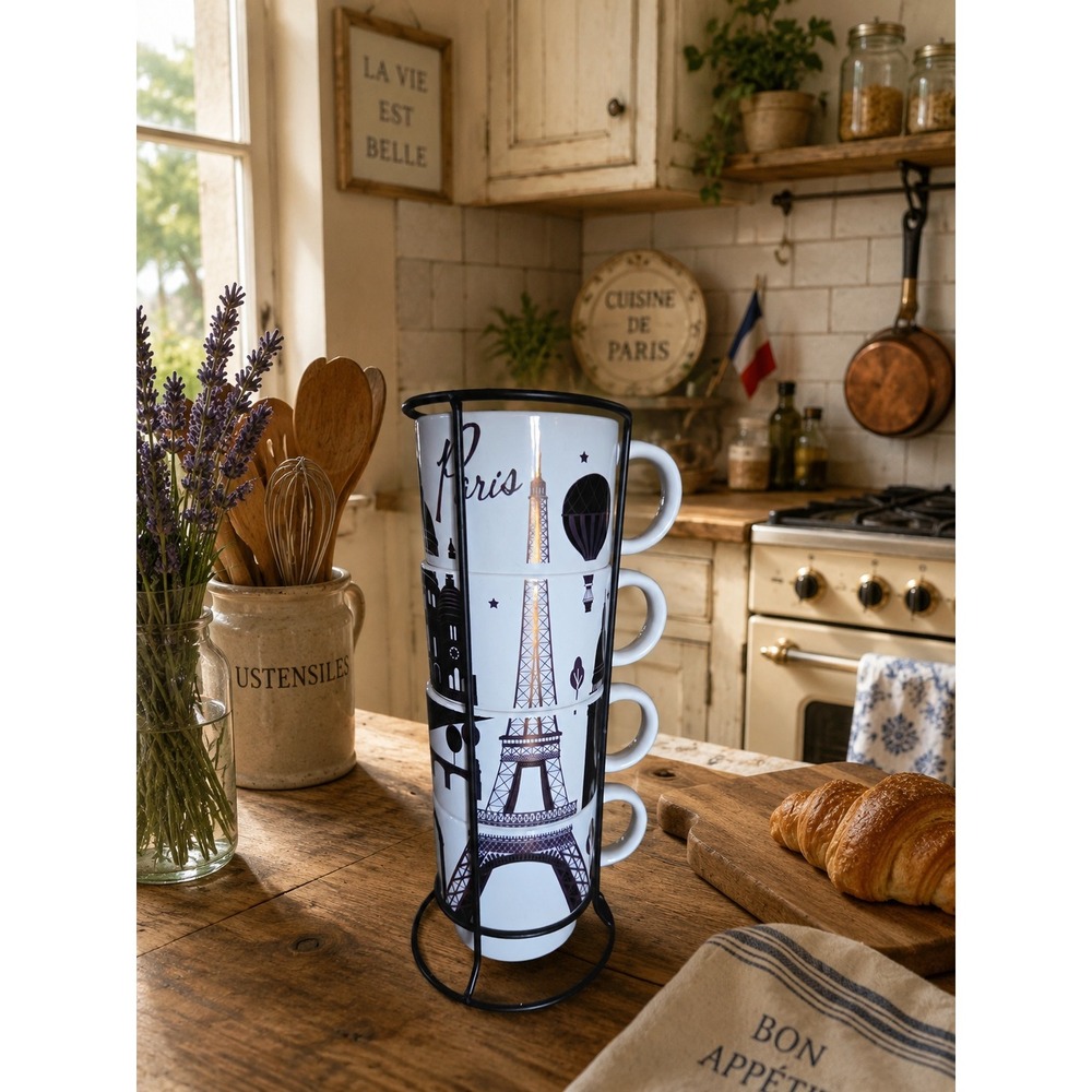 Signature Housewares Y2K‎ Paris Stacking Mugs Set of 4  Metal Rack Eiffel Tower
